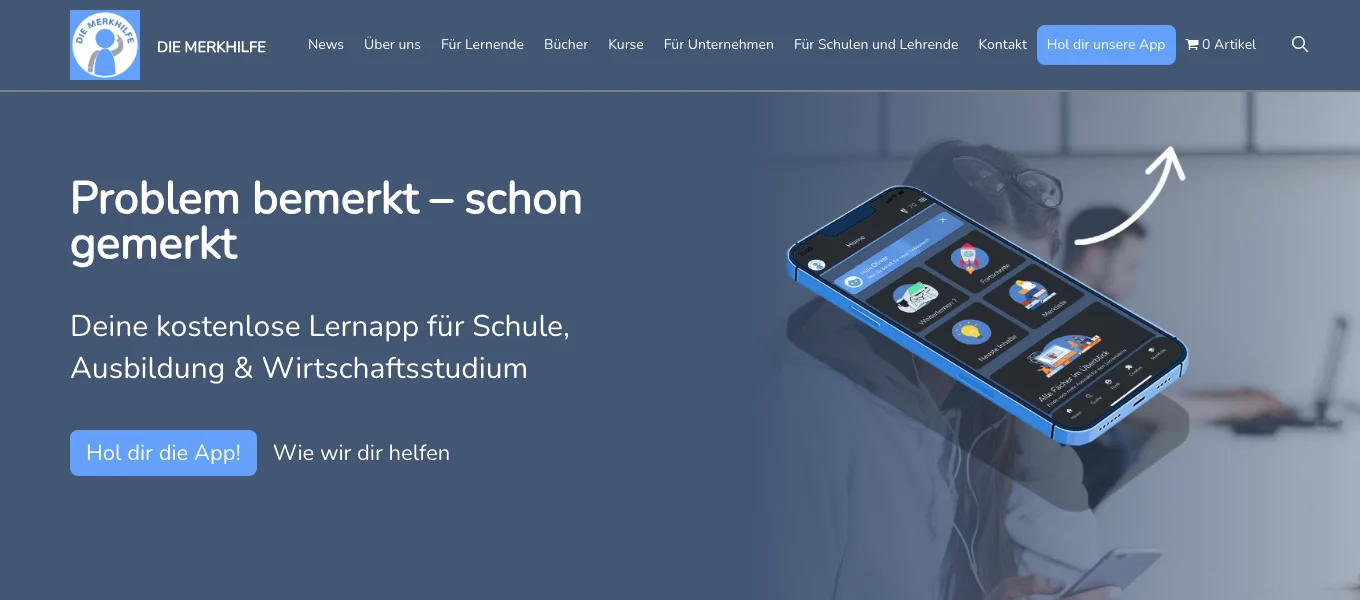 Die Merkhilfe website with its blue educational branding