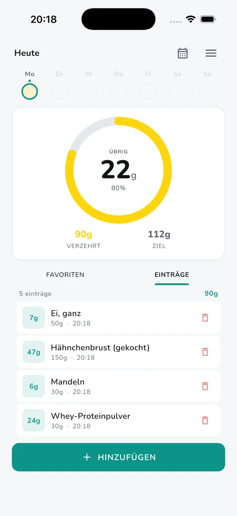 Protio-App: täglicher Proteinfortschritt und erfasste Lebensmittel