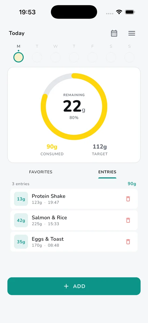 Protio app: daily protein progress and food entries
