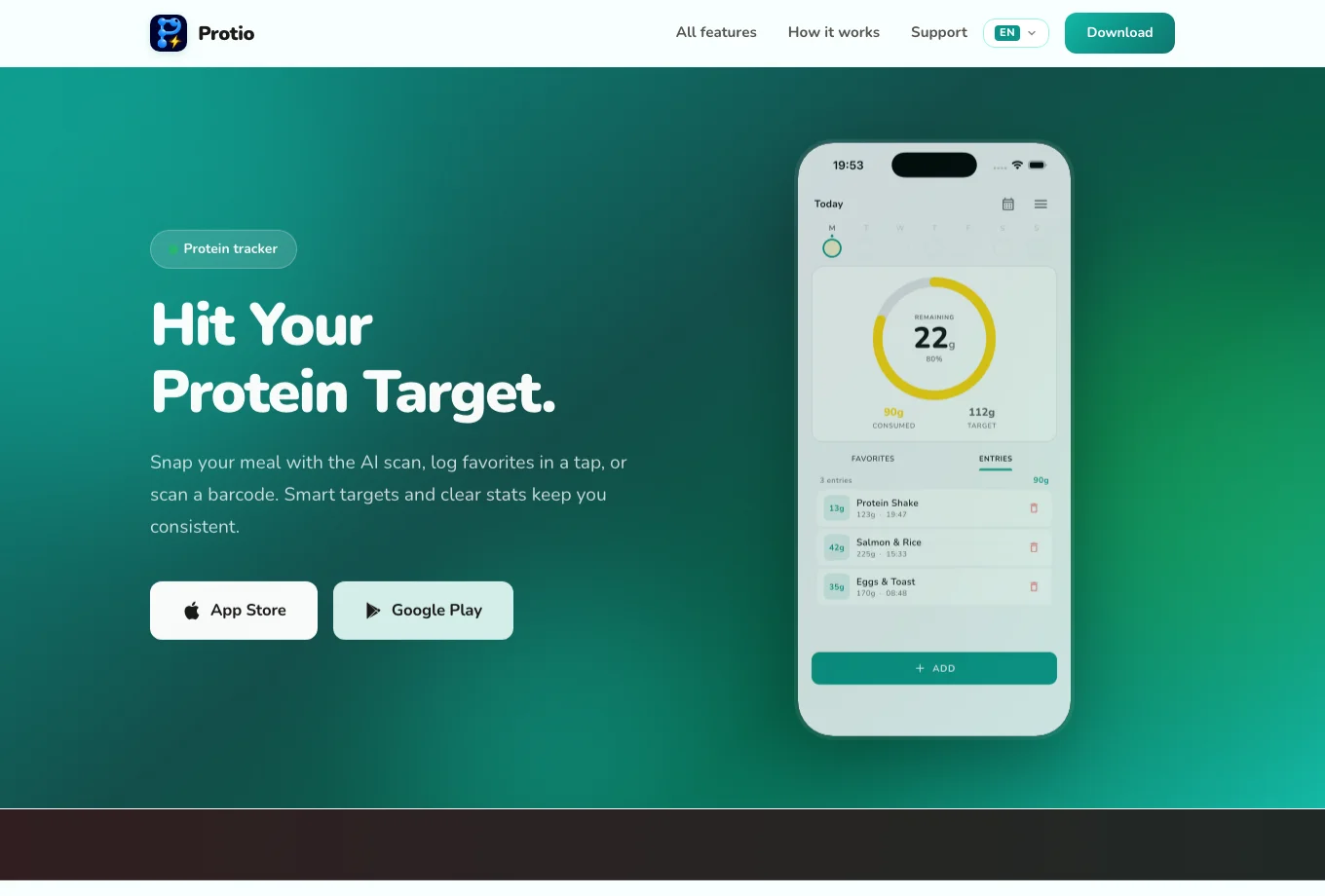 Protio website: protein tracking and app download links
