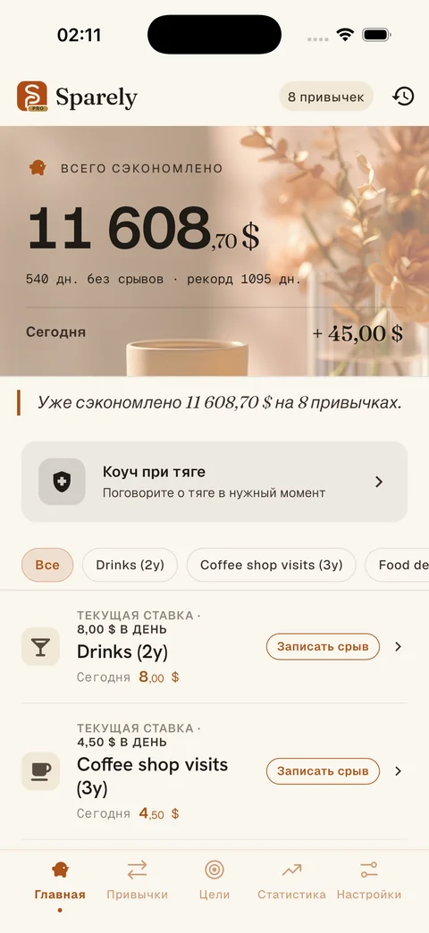 Приложение Sparely: обзор сбережений и отслеживаемые привычки